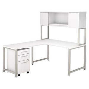 Bush Business Furniture 400 Series 60W x 30D L Shaped Desk with Hutch, 42W Return and 3 Drawer Mobile File Cabinet in White