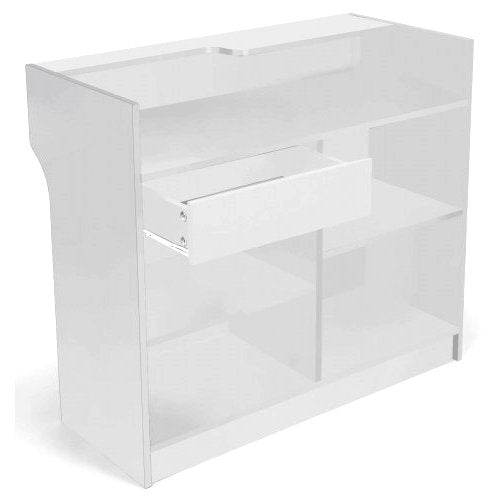 48"W Free-Standing White Melamine Register Stand, With Adjustable Shelves, Pull-Out Drawer, And Check Writing Area