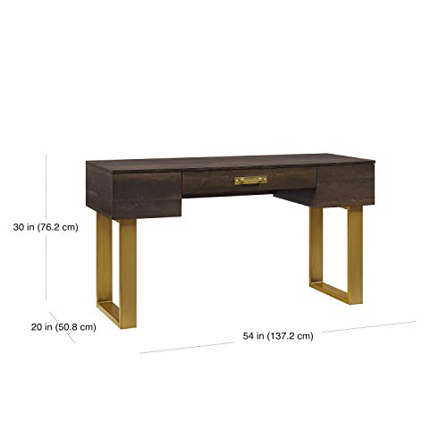 Modern Computer Desk Workstation Home Office Furniture 3 Drawers Storage Organize Laptop PC Table Study Writing Reading Console Table Brown Gold Accent