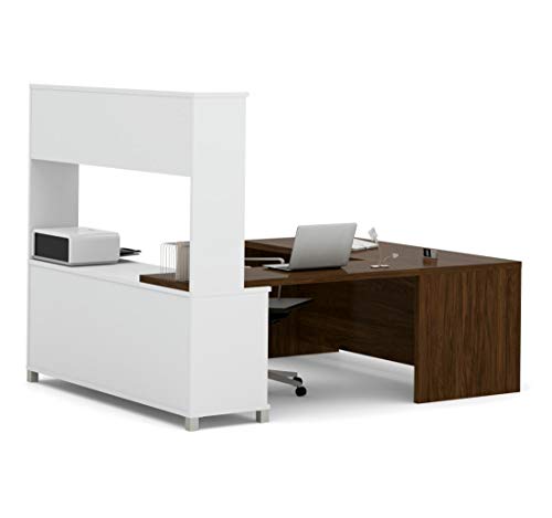 Bestar Pro-Linea U-Desk with Hutch, White/Oak Barrel