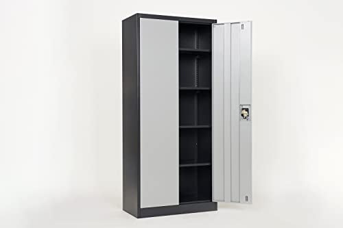 Generic Metal Storage Cabinet with 2 Doors and 4 Shelves, Lockable Steel - Grey