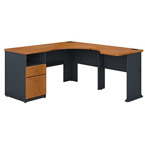 Bush Business Furniture Series A 60W L Shaped Corner Desk with 2 Drawer Pedestal and 30W Bridge in Natural Cherry and Slate
