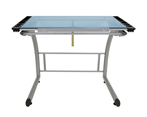 Offex Home Triflex Drawing Table, Sit to Stand Up Desk, Silver/Blue Glass
