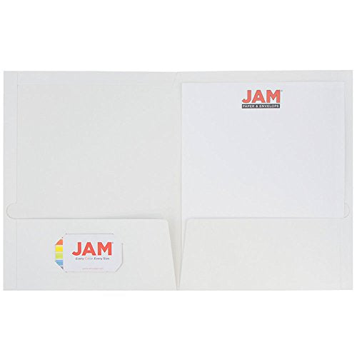JAM PAPER Laminated Two Pocket Glossy School Folders - Letter Size - High Gloss White - Bulk 100/Box