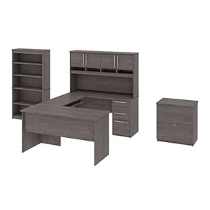 Bestar Innova U or L-Shaped Desk with Hutch, Lateral File Cabinet, and Bookcase, 83W, Bark Grey