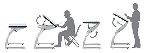 SD STUDIO DESIGNS Triflex Drawing Table, Sit to Stand Up Adjustable Office Home Computer Desk, 35.25" W X 23.5" D, Silver/Blue Glass