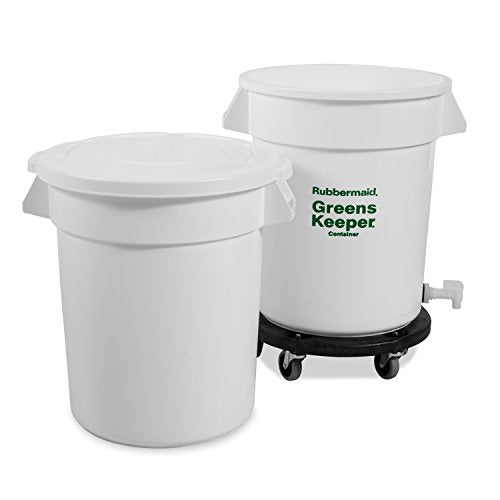 Rubbermaid Commercial Products Brute Greenskeeper Food Container with Lid, Dolly and Drain, 20G, White, for Commercial Kitchen Produce