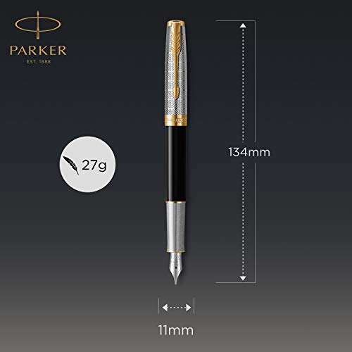 PARKER Sonnet Fountain Pen | Premium Metal and Black Gloss Finish with Gold Trim | Fine 18k Gold Nib with Black Ink Cartridge | Gift Box