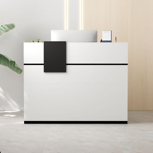 MOUMON Reception Desk with Moveable Shelves, Lockable Drawer, Black Tapes - White - 55.1”W x 23.6”D x 43.3”H