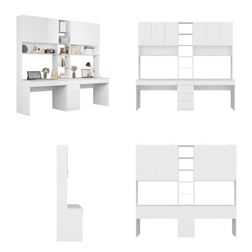 MOUMON Double Office Desk with Drawers and Shelves, White - 94.5”W x 23.6”D x 86.6”H
