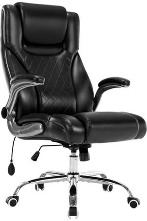 Seevoo Executive Office Chair - High Back Swivel Computer Chair with Adjustable Lumbar Support and Flip-Up Arms, PU Leather (Black)
