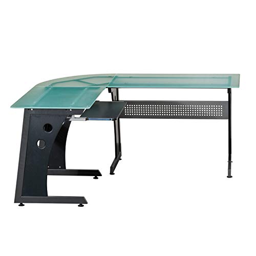 Techni Mobili Deluxe Tempered Frosted Glass L Shaped Corner Desk With Pull Out Keyboard, Graphite