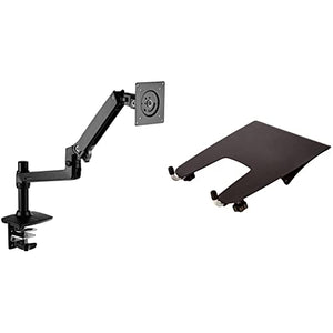 Amazon Basics Single Monitor Stand - Lift Engine Arm Mount, Aluminum, 2-Pack & Notebook Laptop Stand Arm Mount Tray