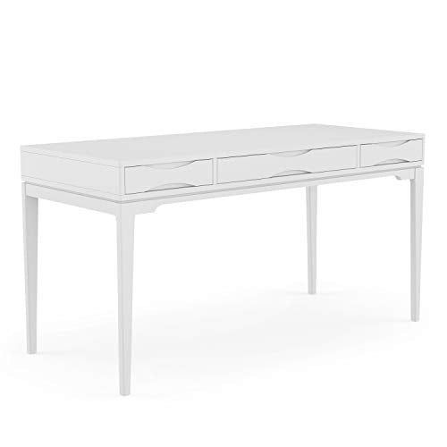 SIMPLIHOME Harper SOLID WOOD Mid Century Modern 60 inch Wide Home Office Desk, Writing Table, Workstation, Study Table Furniture in White with 2 Drawerss