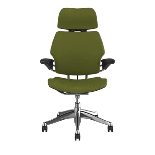 Humanscale Freedom Office Chair with Headrest - Ergonomic Work Chair with Highly Adjustable Arms and Gel Seat - Wheels for Carpet - Aluminum Frame - Clover Green Fabric