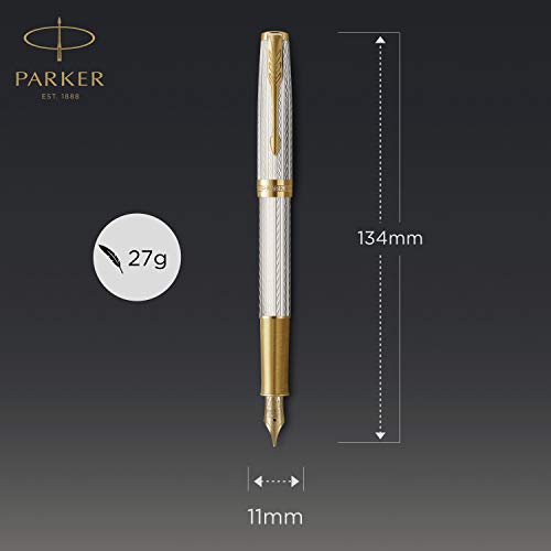 PARKER Sonnet Fountain Pen | Premium Silver Mistral Finish with Gold Trim | Fine 18k Gold Nib with Black Ink Cartridge | Gift Box