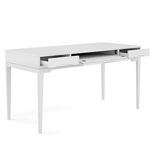 SIMPLIHOME Harper SOLID WOOD Mid Century Modern 60 inch Wide Home Office Desk, Writing Table, Workstation, Study Table Furniture in White with 2 Drawerss