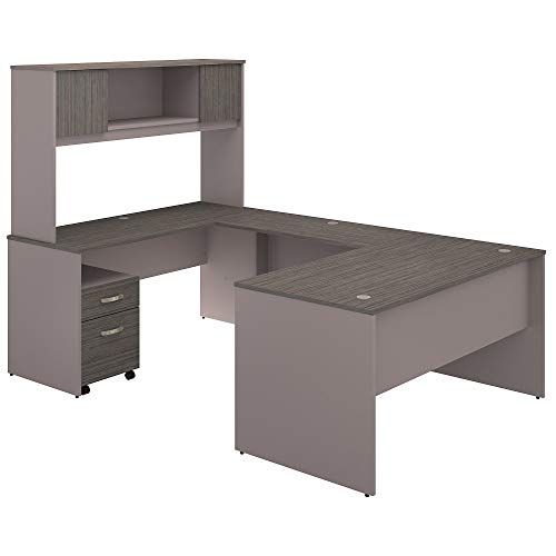 Bush Furniture Commerce 60W U Shaped Desk with Hutch and Mobile File Cabinet in Cocoa and Pewter