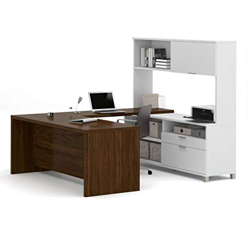 Bestar Pro-Linea U-Desk with Hutch, White/Oak Barrel