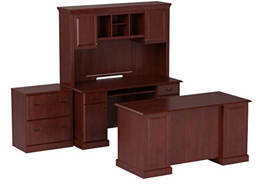 Bush Furniture kathy ireland Home Bennington Manager's Desk, Credenza with Hutch and Lateral File, Harvest Cherry