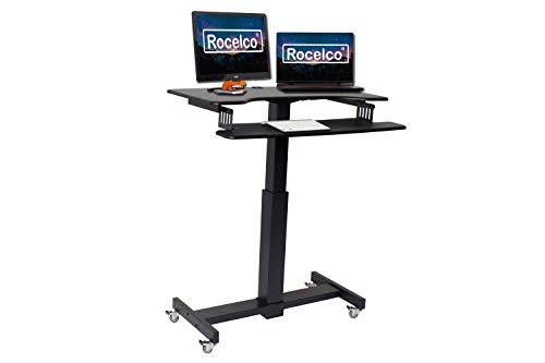 Rocelco 40" Height Adjustable Mobile Standing Desk - Sit Stand Home Office School Computer Workstation Riser - Dual Monitor Keyboard Tray Gas Spring Assist - Black (R MSD-40)
