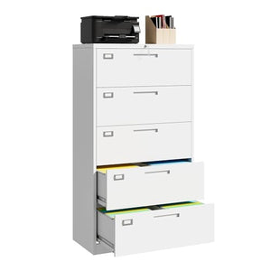 STANI 5 Drawer Metal File Cabinet with Lock - White, Home Office Lateral Filing Cabinet