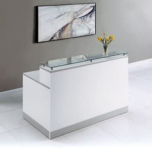 NBF Signature Series Esquire Reception Desk - Tempered Glass Top, White & Silver Laminate 63”W x 32”D