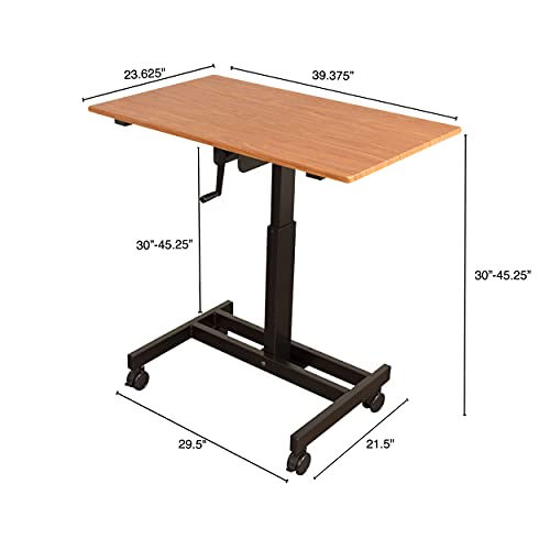 Stand Up Desk Store Crank Adjustable Height Single Column Rolling Mobile Standing Desk (Black Frame/Teak Top, 40" Wide)