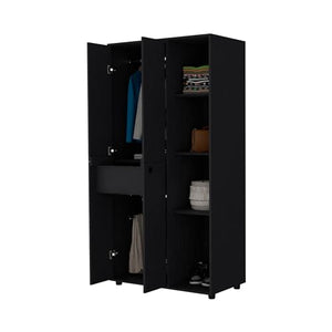 FM Furniture Bethel Armoire Closet with 1-Drawer, 4 Doors, 4 Open Storage Cabinets and 2 Hanging Rods, Black