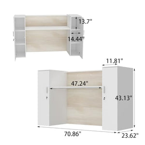MOUMON Reception Desk Front Counter with Lockers, Adjustable Shelves - Oak/White (70.9”W x 23.6”D x 43.3”H)