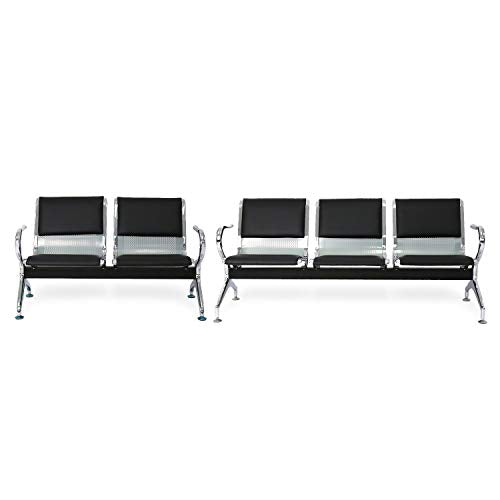 Peach Tree Reception Chairs Waiting Room Chair with Black Leather, Lobby Chairs for Reception Room, Office, Airport Reception Bench (5 Seat, Black)