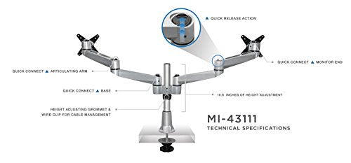 Mount-It! MI-43111 || Dual Computer Monitor Stand Articulating, Height Adjustable Swiveling Arm Desk Mount for Samsung LG Vizio Sharp Sony Element Insignia LCD 20 21 22 24 25 27, VESA 75x75 and 100x100, Silver