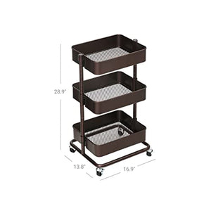 AuLYn 3-Tier Metal Rolling Utility Cart with Adjustable Shelves and Brakes (Brown, 43 x 35 x 73.5cm)