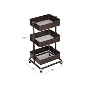 None 3-Tier Metal Rolling Cart Utility Cart with Adjustable Shelves - Brown, 43 x 35 x 73.5cm