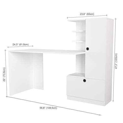 MAKENZA Merino Office Desk Modern Living Room Furniture with Adjustable Shelves & One Hidden Cabinet, Writing Workstation Table Compatible for Home, Office Study (White)