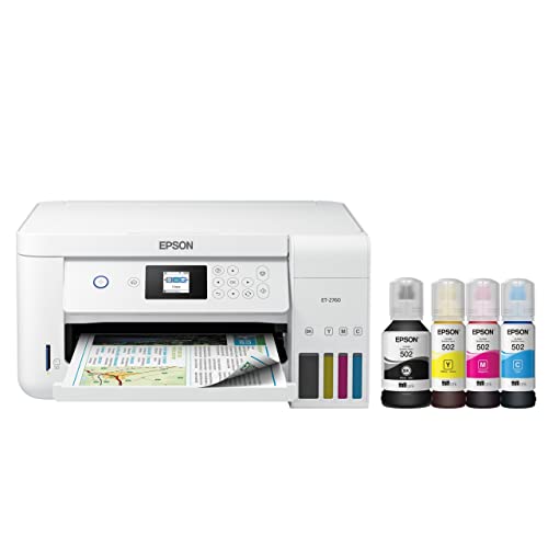 Epson EcoTank ET-2760 All-in-One Supertank Wireless Color Inkjet Printer, White - Print Scan Copy - 10.5 ppm, 5760 x 1440 dpi, Auto 2-Sided Printing, Voice Activated, 1.44" LCD, Memory Card Slot
