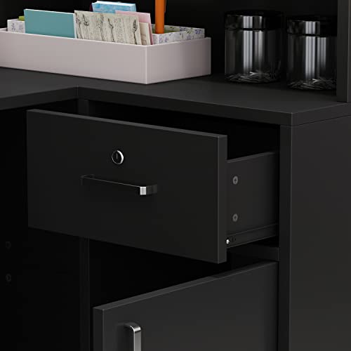 Hitow Modern L-Shaped Reception Desk Counter Table with Lockable Drawer, Black (55.9" W x 32.3" D x 48.4" H)