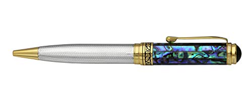 Xezo Maestro Solid 925 Sterling Silver Blue Paua Sea Shell Luxury Ballpoint Pen. No Two Alike, Serialized. 18k Gold Plated (Maestro 925 Sea Shell B)