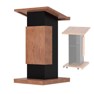 VLOJELRY Portable Podium Stand on Wheels - Mobile Wooden Pulpit with Wire Holes and Storage