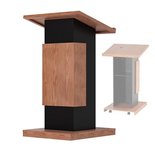 VLOJELRY Portable Podium Stand on Wheels - Mobile Wooden Pulpit with Wire Holes and Storage