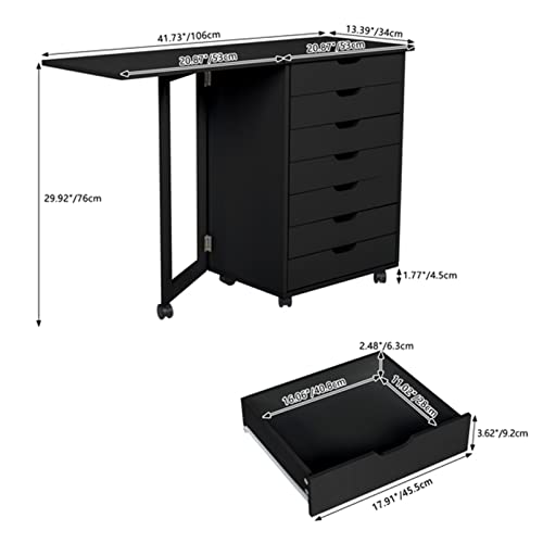 AcLipS 7-Drawer Wood Filing Cabinet Roll Cart with Desk - Black Color