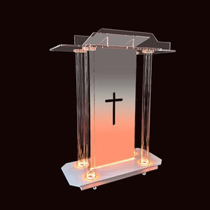 VZADGWA Clear Church Pulpit with Wheel, LED Lights & Hollow Cross Design