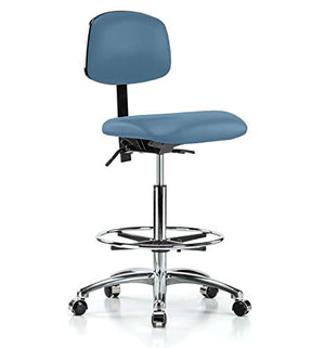 Perch Chrome Rolling Lab Chair with Adjustable Back Support and Foot Ring for Hardwood or Tile Floors, Counter Height, Colonial Blue Vinyl