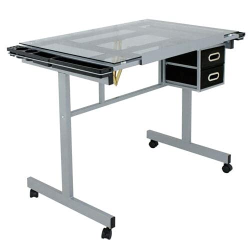 Premium WIsh Outlet Adjustable Drawing Desk Drafting Table Tempered Glass Top Art Craft Station (Rolling)
