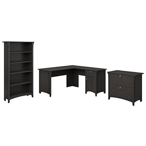 Bush Furniture Salinas 60W L Shaped Desk with Lateral File Cabinet and 5 Shelf Bookcase in Vintage Black