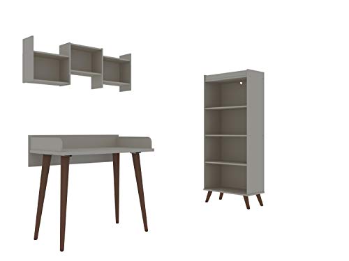 Manhattan Comfort Hampton Modern Home Basic Furniture Office Set with Writing Desk, Bookcase, and Floating Wall Décor Shelves, 3 Piece, Off White