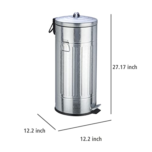 WENKO Step Trash Can with Lid and Pedal, Retro Metal Garbage Bin, for Kitchen, Office, Outdoor, Soft Close, 7.93 Gal, 12.2 x 27.17 x 12.2 in, Gray