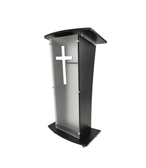 FixtureDisplays Black Wood Church Podium with Frost Acrylic Front Panel, 46" Tall Pulpit Lectern - Optional Christian Cross Decor - Easy Assembly | 1803-5-BLACK+1803CROSS