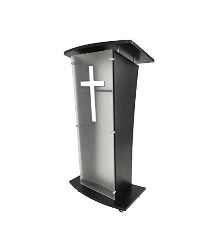FixtureDisplays Black Wood Church Podium with Frost Acrylic Front Panel, 46" Tall Pulpit Lectern - Optional Christian Cross Decor - Easy Assembly (1803-5-BLACK+1803CROSS-NPF)