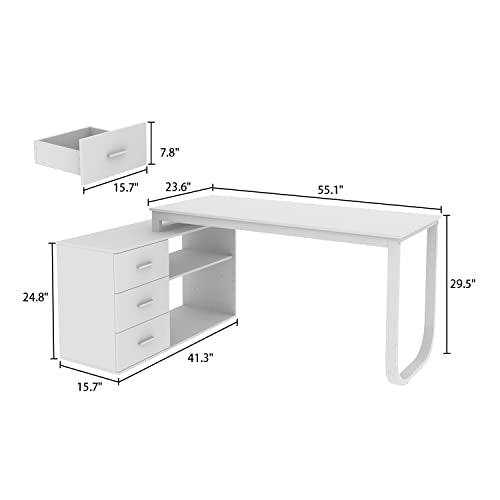 FUFU&GAGA L-Shaped Office Desk with File Cabinet, 3 Drawers & 2 Shelves - Beige